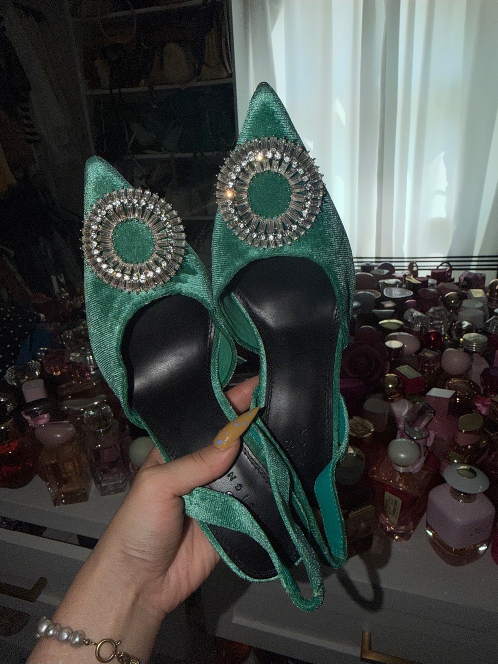 ASOS Green Velvet Pointed Slingback Flats with Crystal Medallion